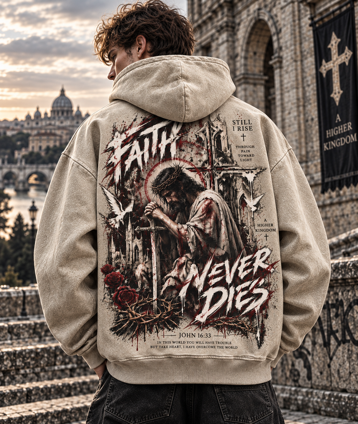 Faith Never Dies – Gothic Cross Washed Hoodie