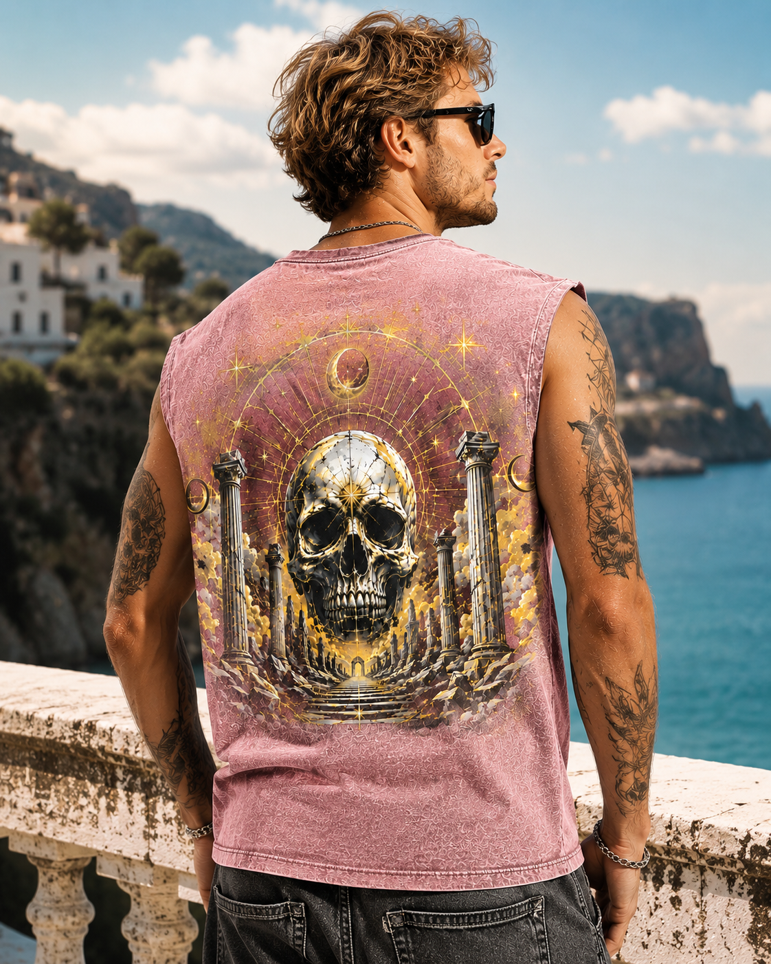 Celestial Skull Washed Black Tank Top