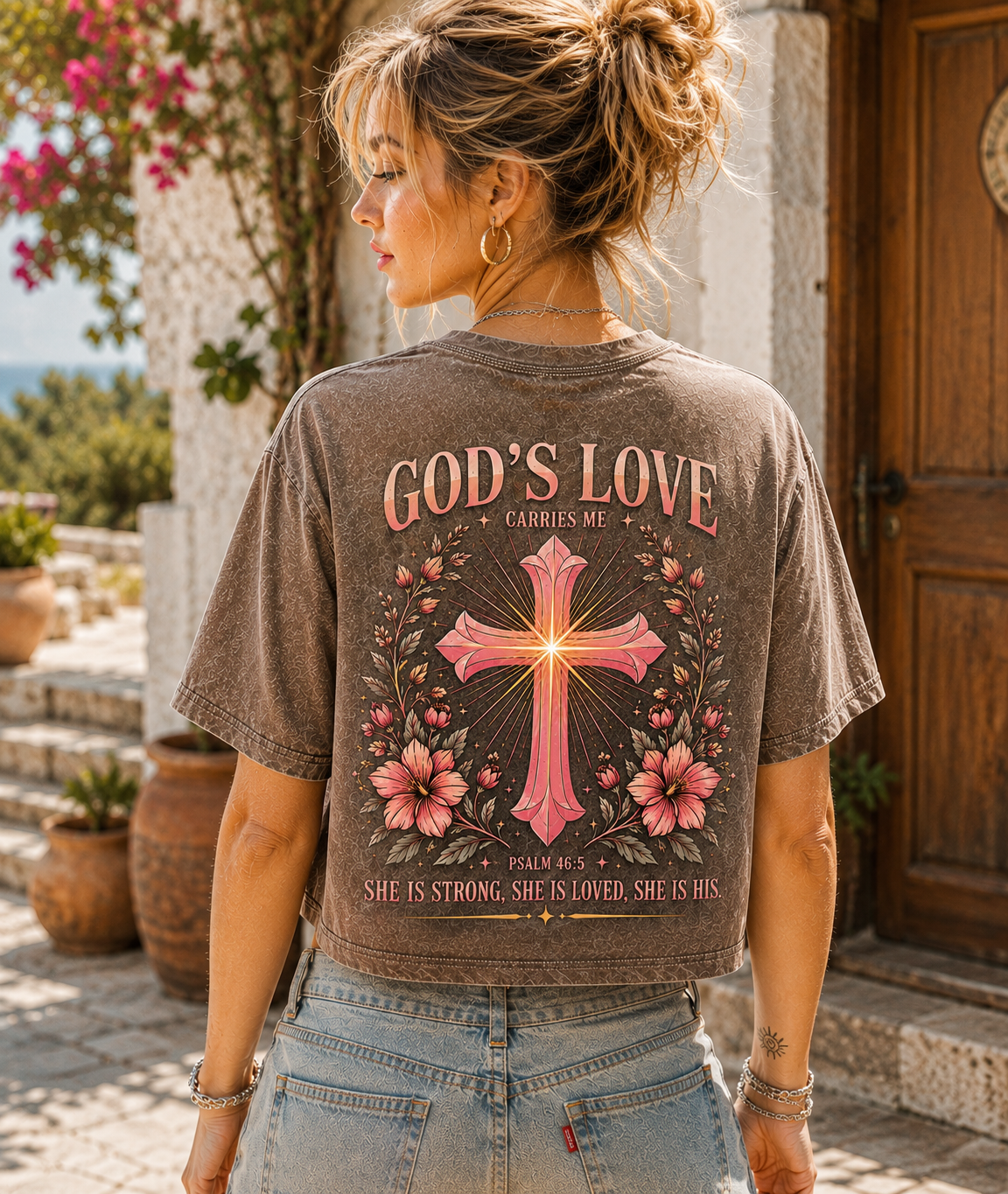 God’s Love Vintage Cross Crop Top – Women’s Faith Tee