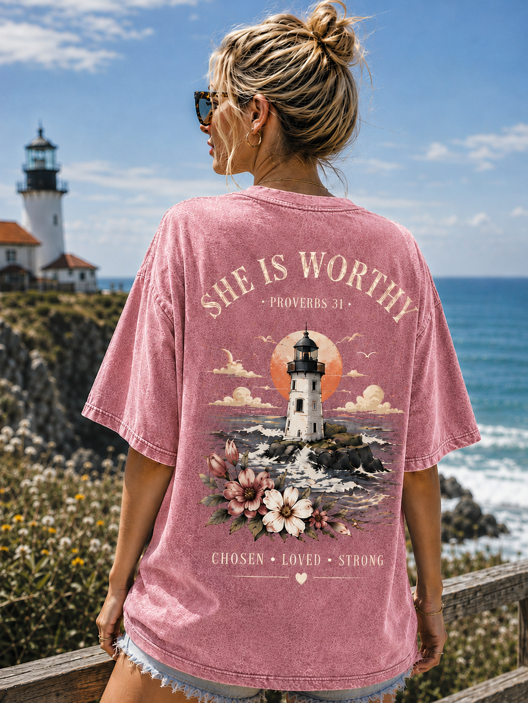 She Is Worthy Lighthouse T-Shirt – Vintage Christian Graphic Tee