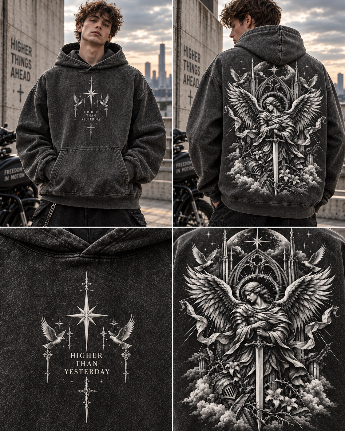 Angelic Guardian Vintage Hoodie – Gothic Wings & Sword