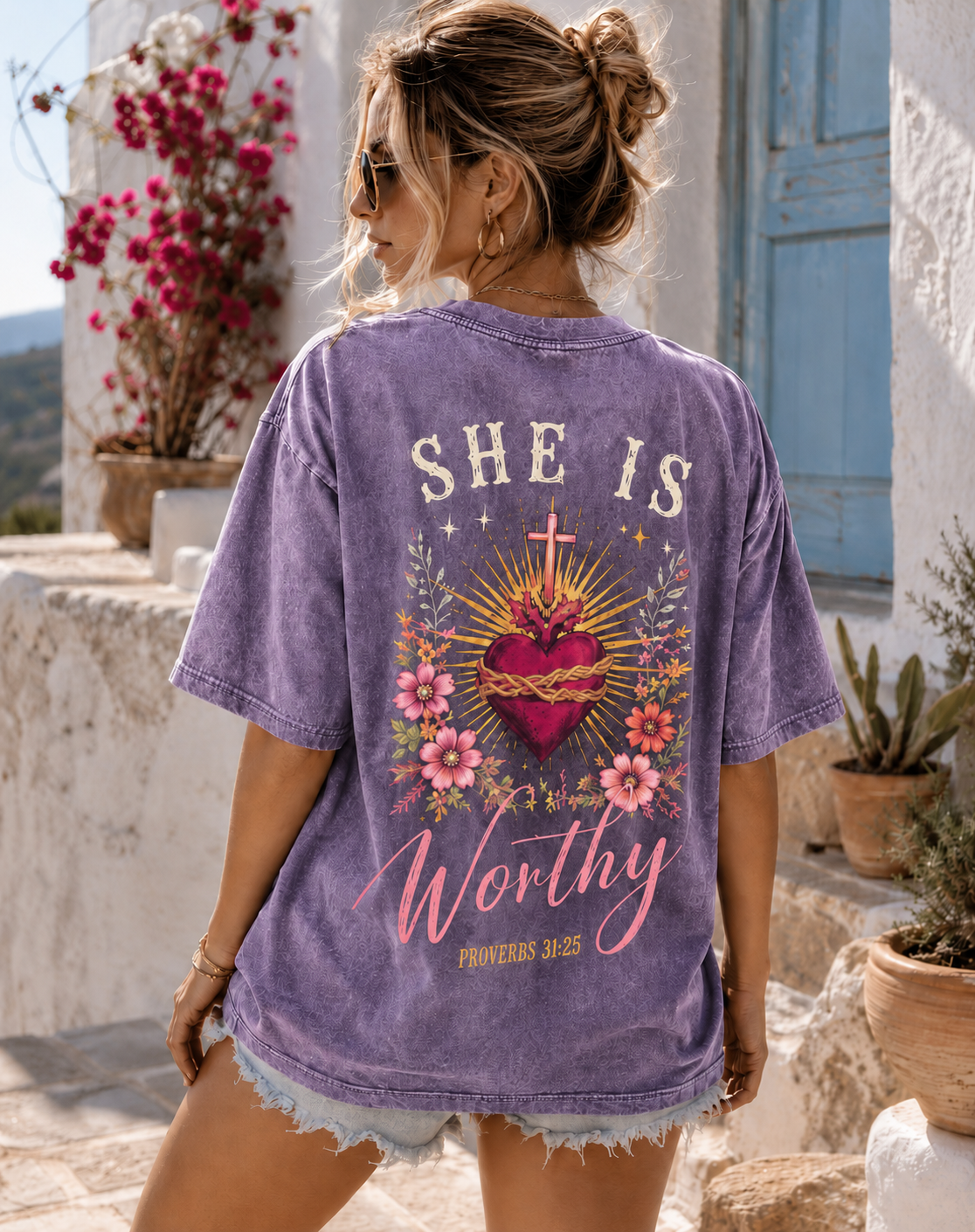 SHE IS Worthy™ – Vintage Sacred Heart Oversized T-Shirt