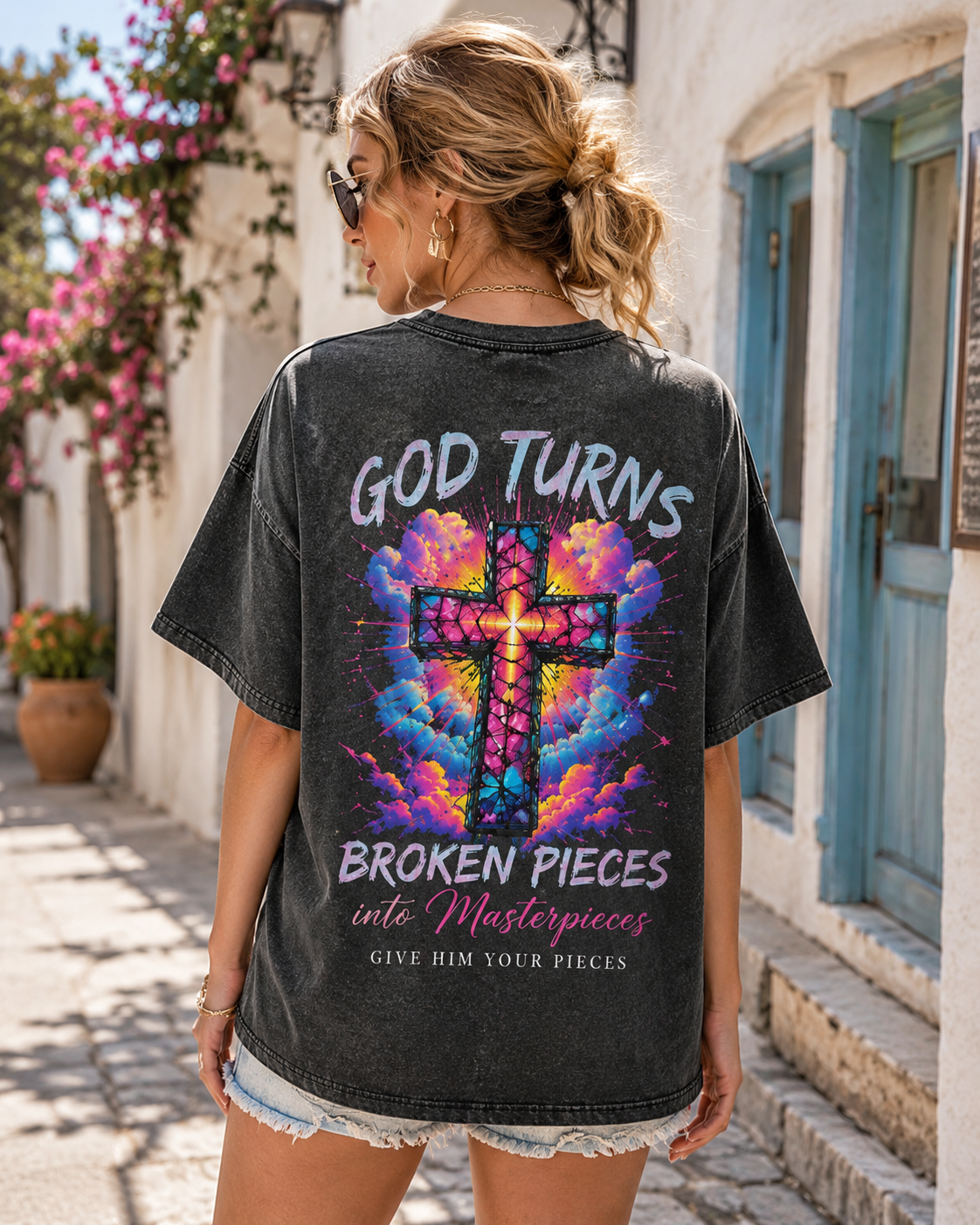GOD Turns Broken Pieces Graphic Tee – Vintage Washed Black