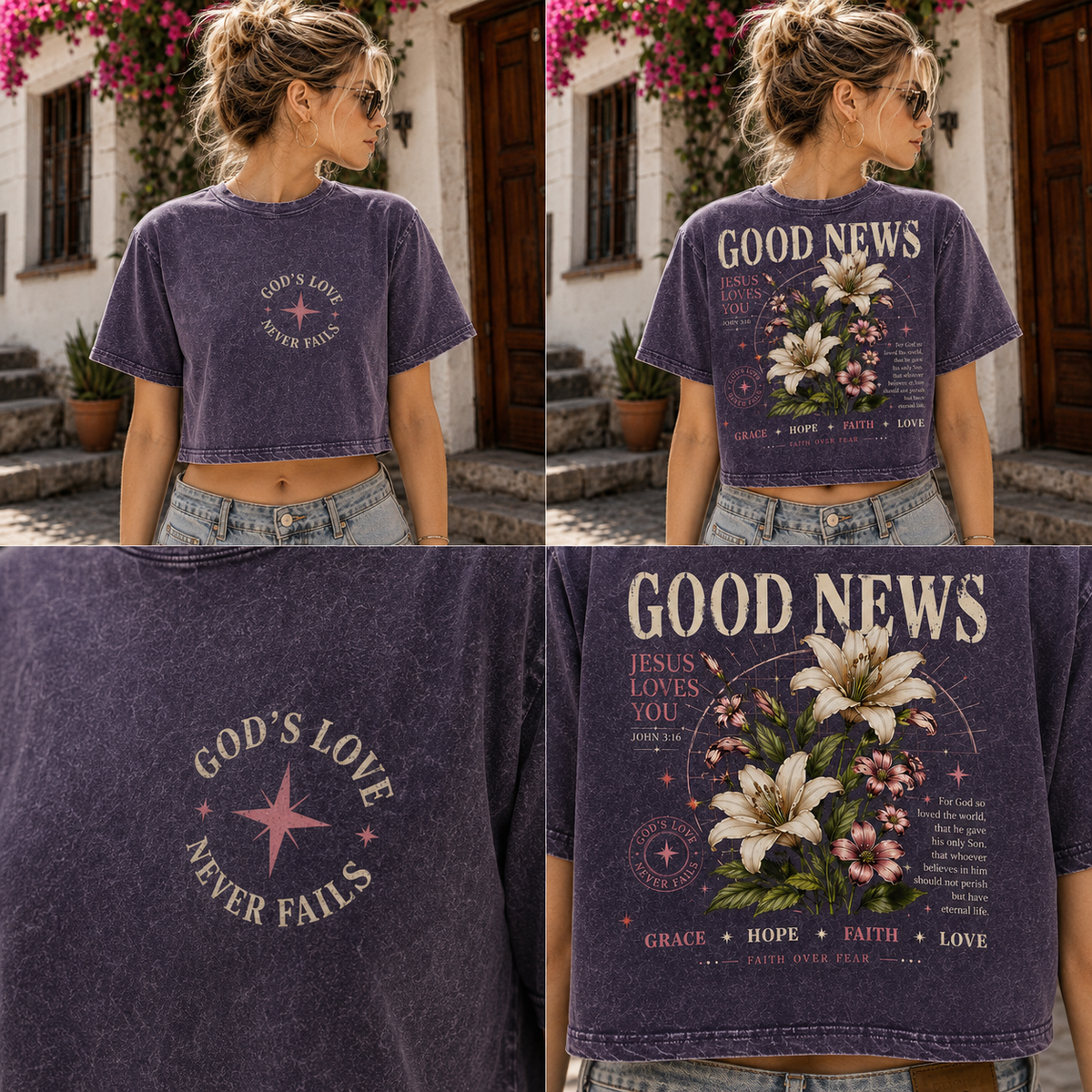 Good News Faith Floral Crop Top – Vintage Christian Tee