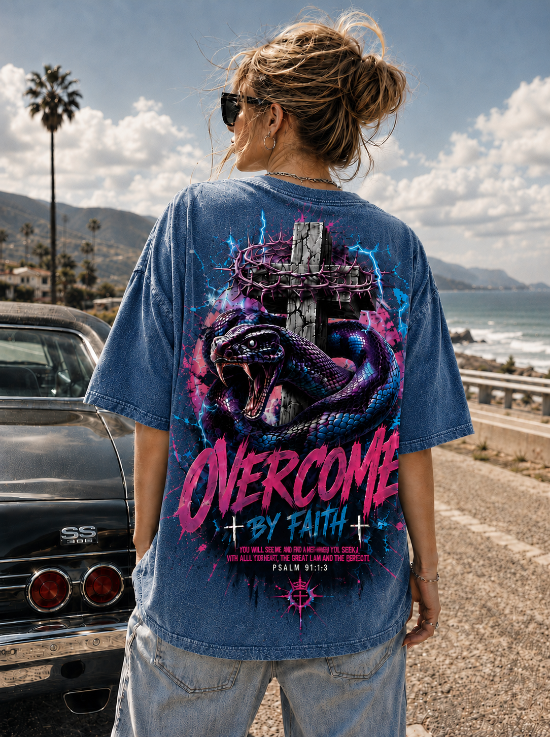 OVERCOME BY FAITH – Vintage Washed Black Christian Graphic Tee