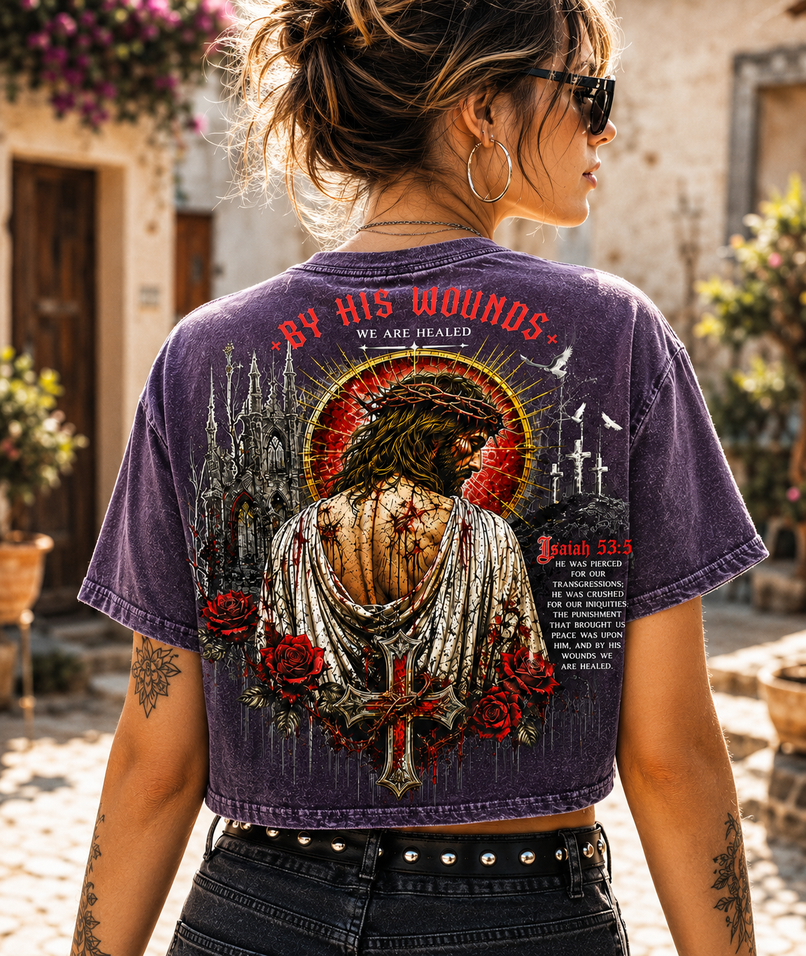 By His Wounds Gothic Cross Crop Tee – Vintage Christian Style