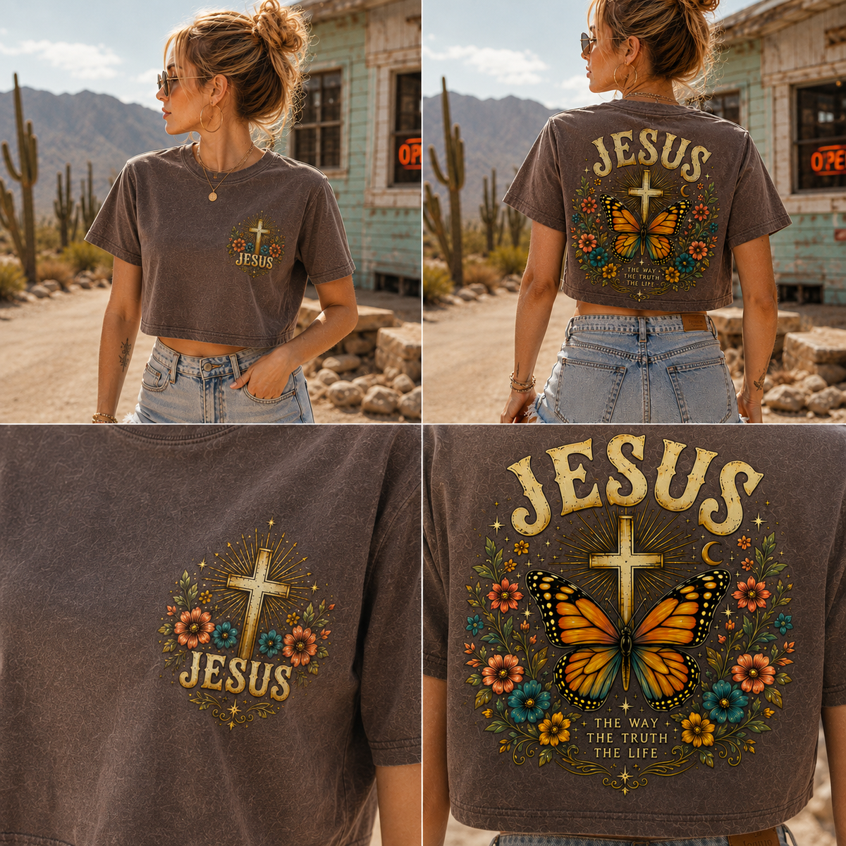JESUS Butterfly Vintage Crop Top – Washed Black