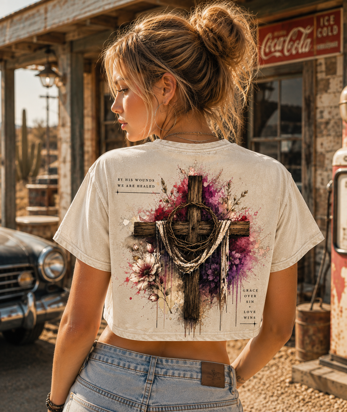 Grace Over Sin – Vintage Cross Crop Tee