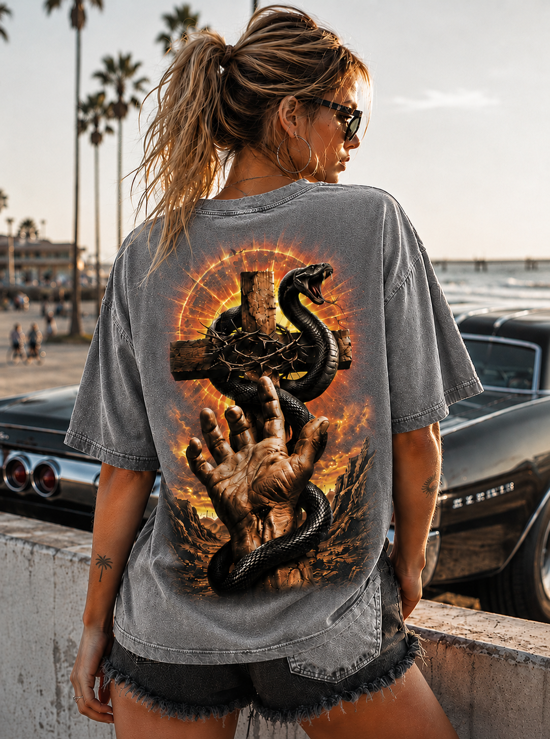 Vintage Snake Cross Graphic Tee – Washed Black