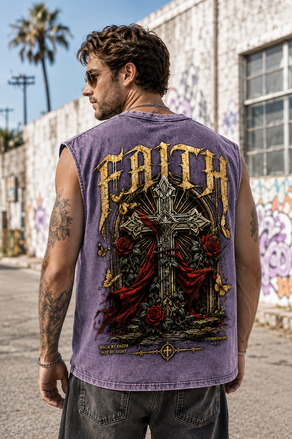 Washed Black Faith Cross Muscle Tee – Vintage Gothic Streetwear