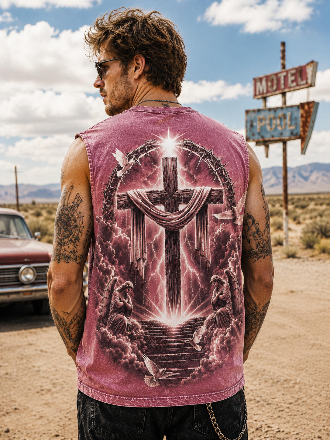Washed Black Angel Cross – Vintage Faith Muscle Tee