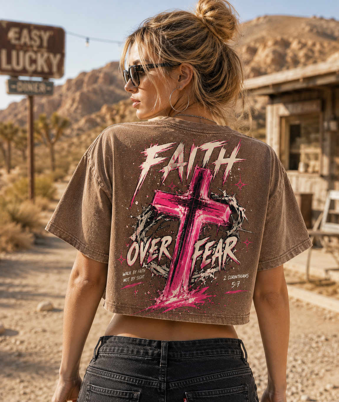 Faith Over Fear Cross Crop Top – Vintage Wash Graphic Tee