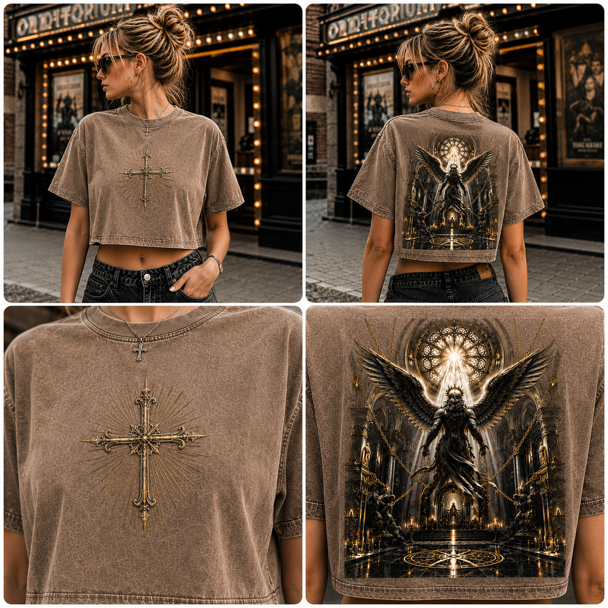 Gothic Angel Cross Washed Crop Tee