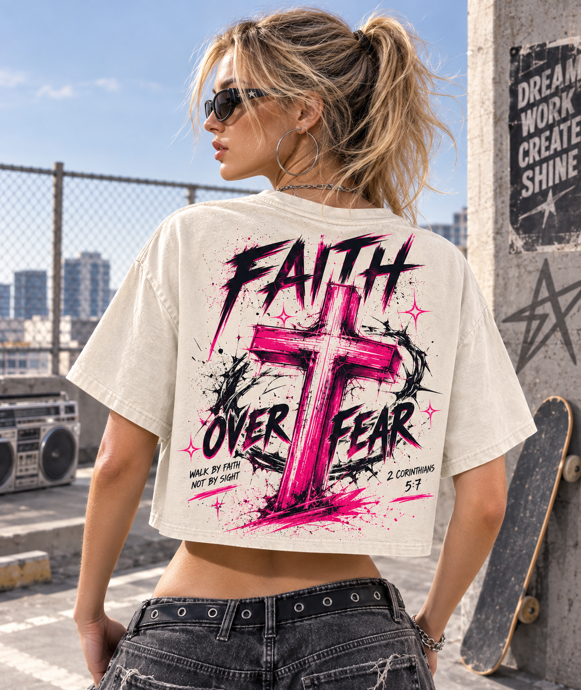 Faith Over Fear Cross Crop Top – Vintage Wash Graphic Tee