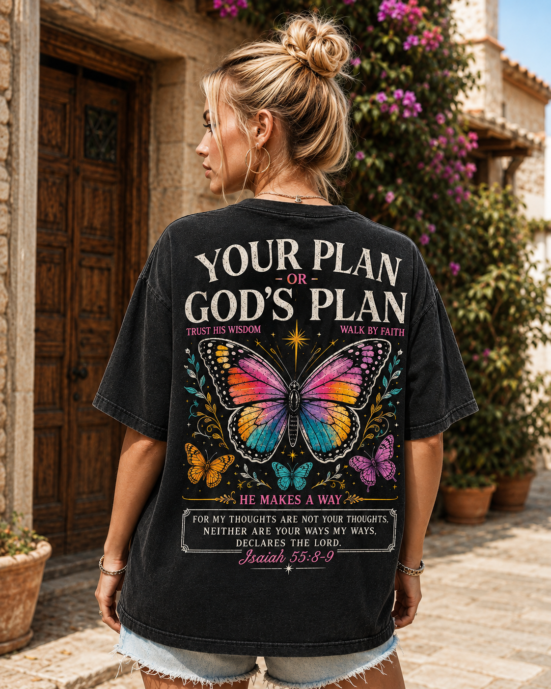 God’s Plan Butterfly Faith Washed Black Tee
