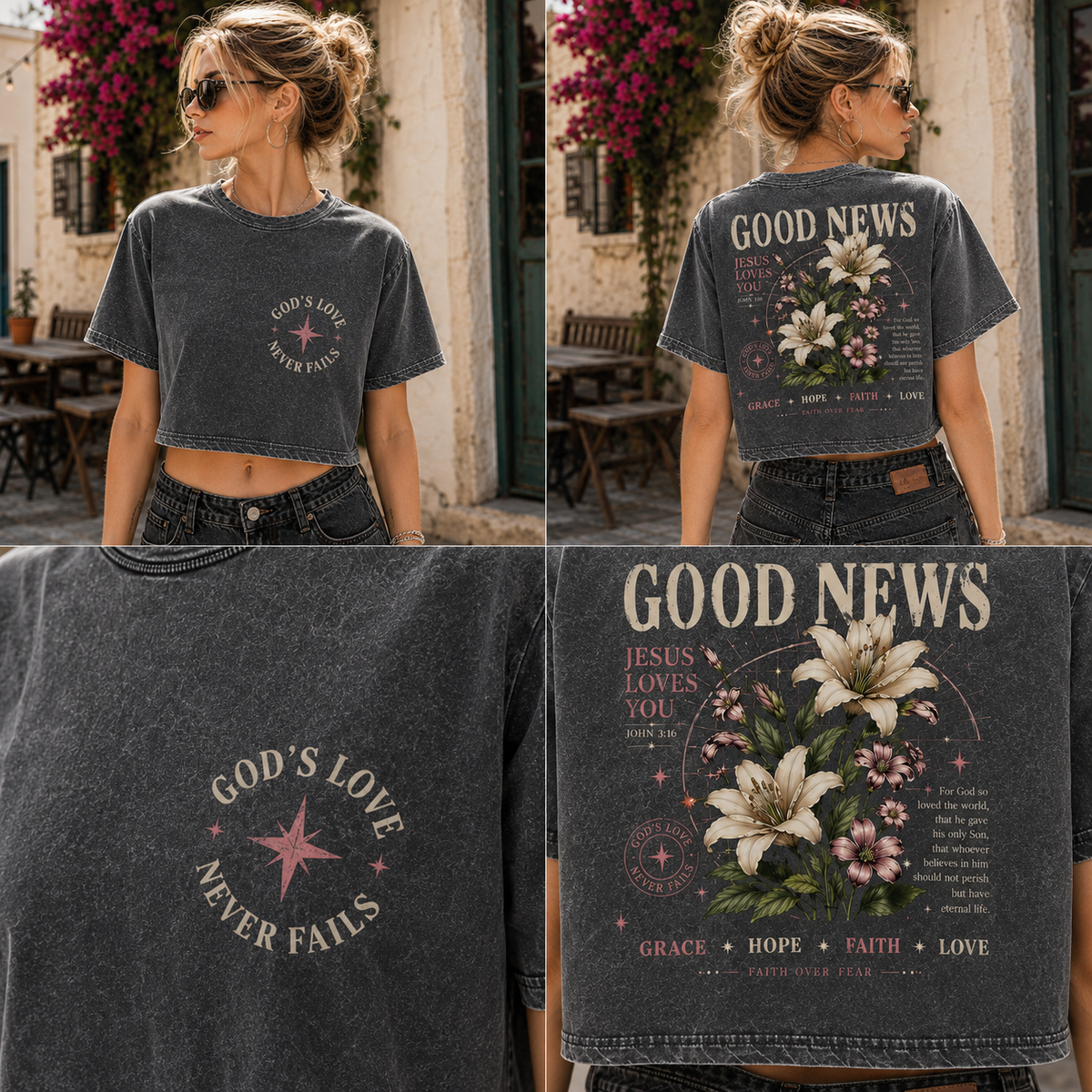 Good News Faith Floral Crop Top – Vintage Christian Tee