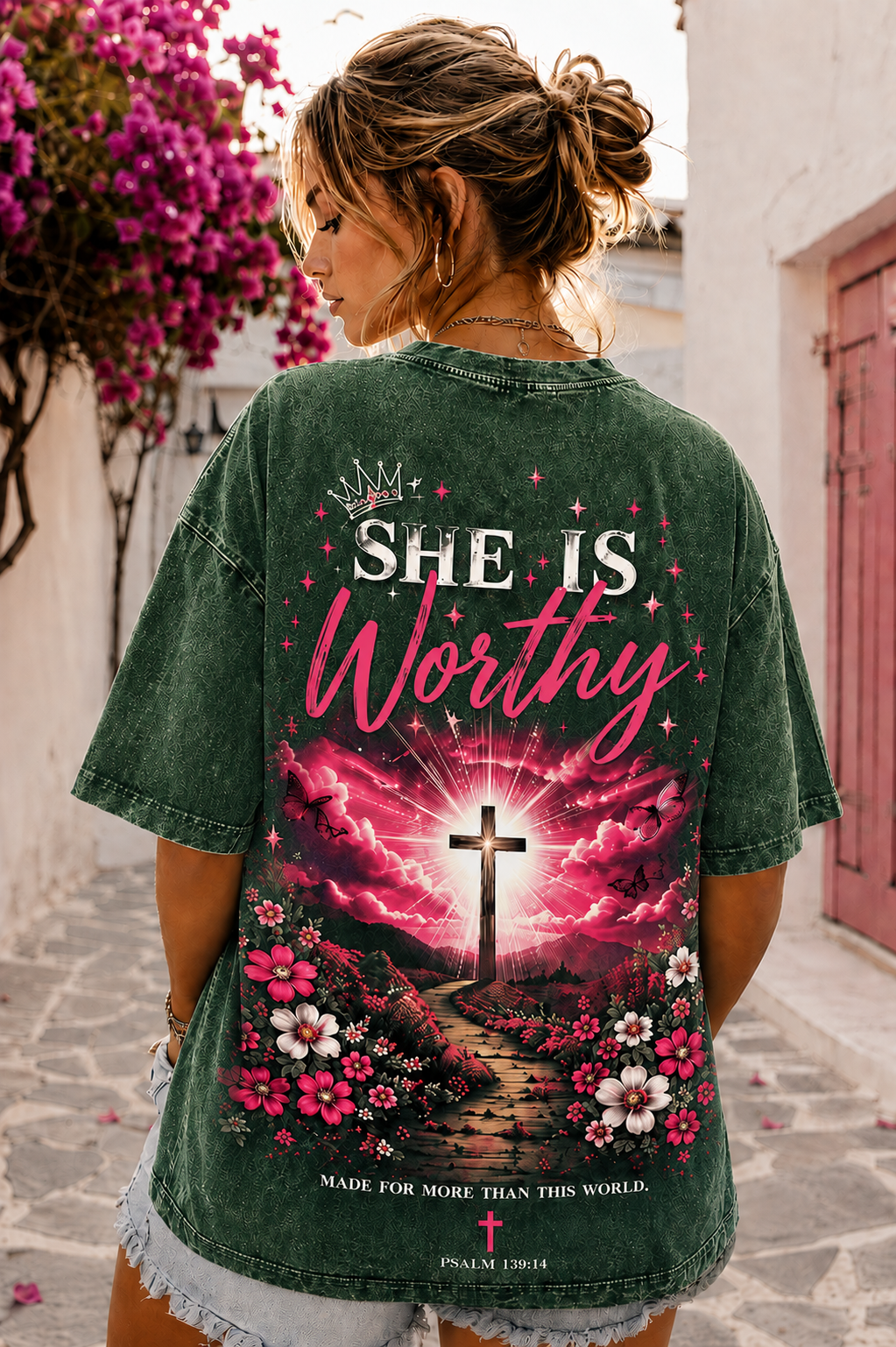 She Is Worthy Christian Graphic Washed Black Oversized T-Shirt