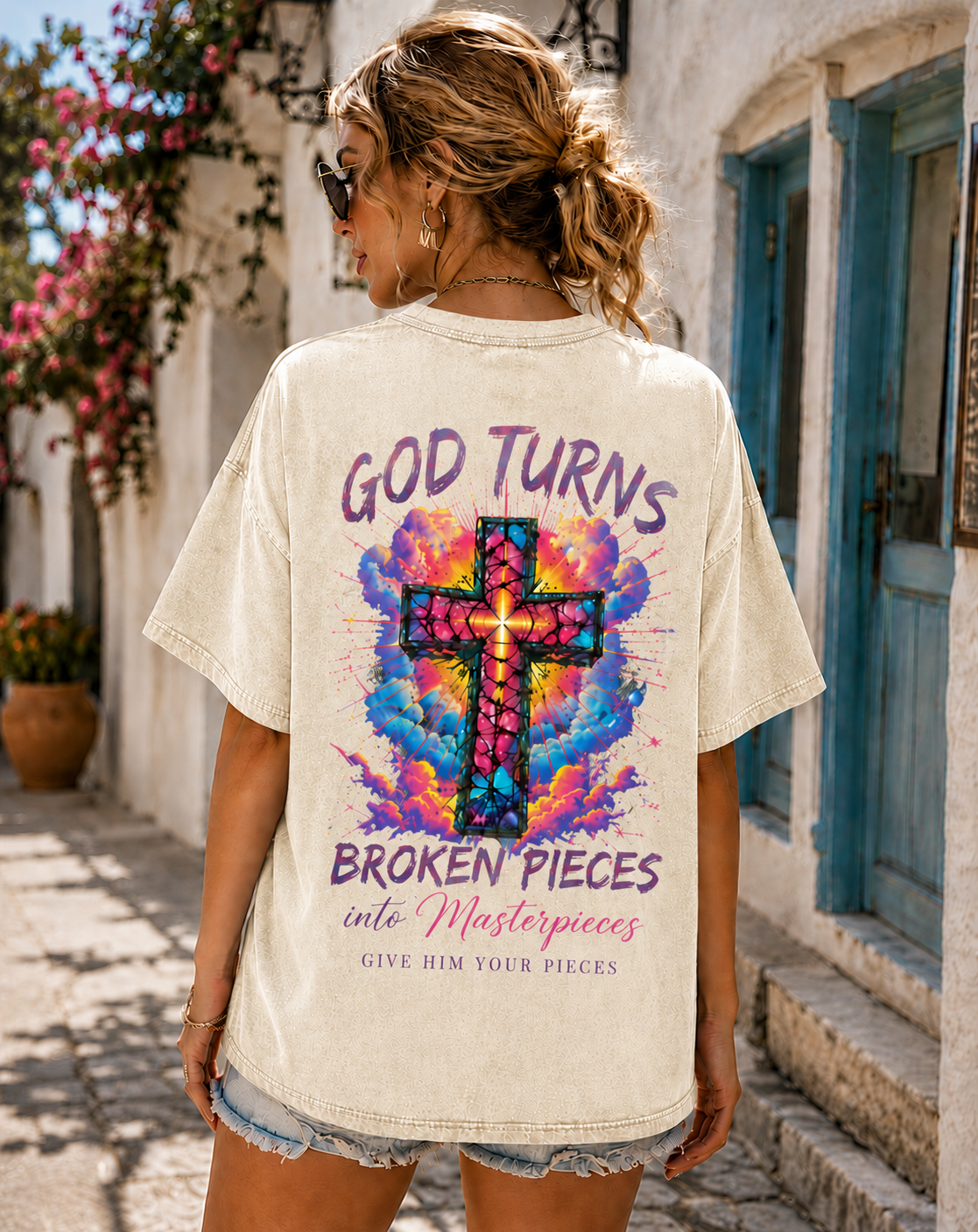 GOD Turns Broken Pieces Graphic Tee – Vintage Washed Black