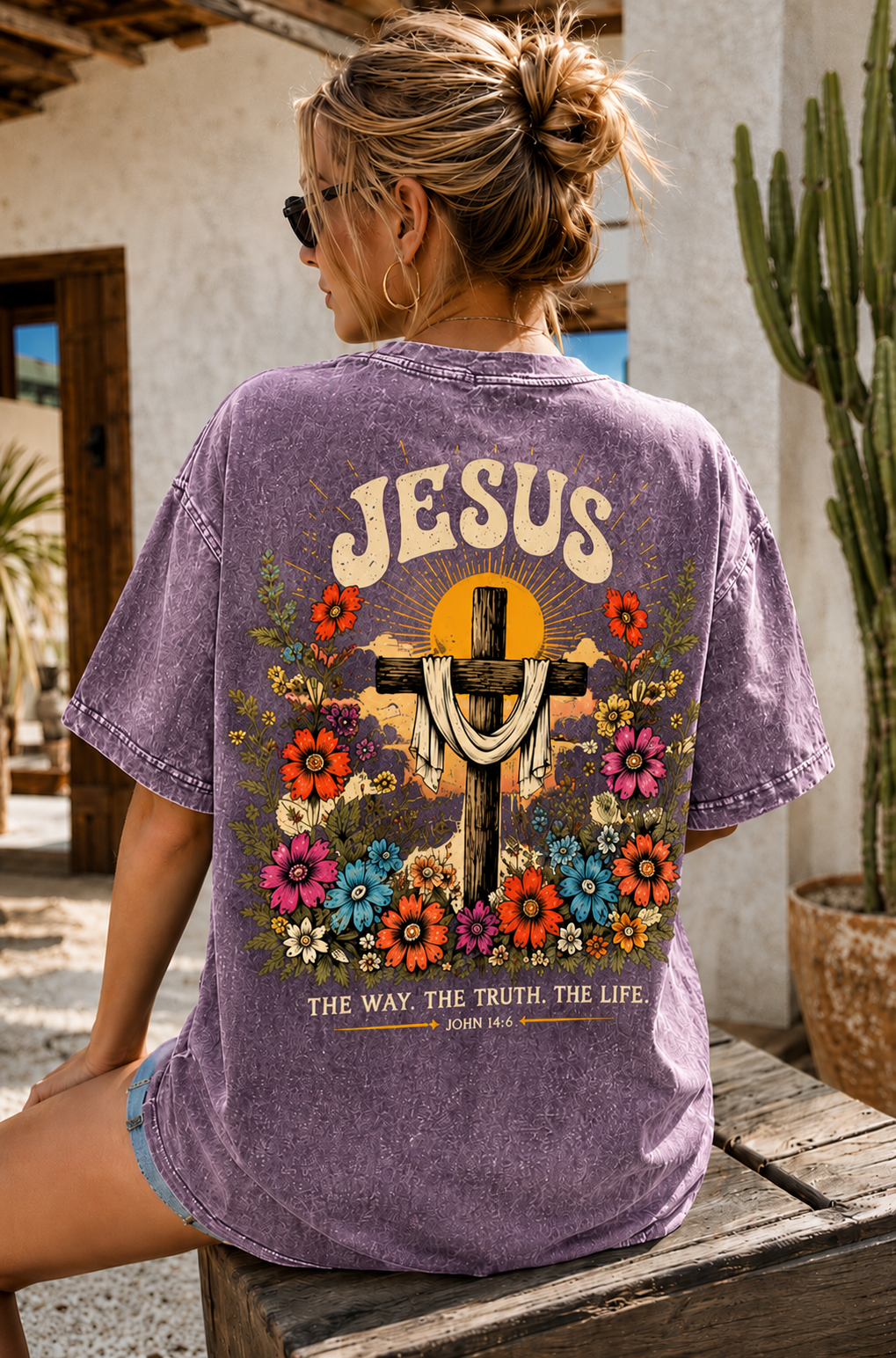 Jesus Cross Vintage Tee – Washed Black Floral Graphic