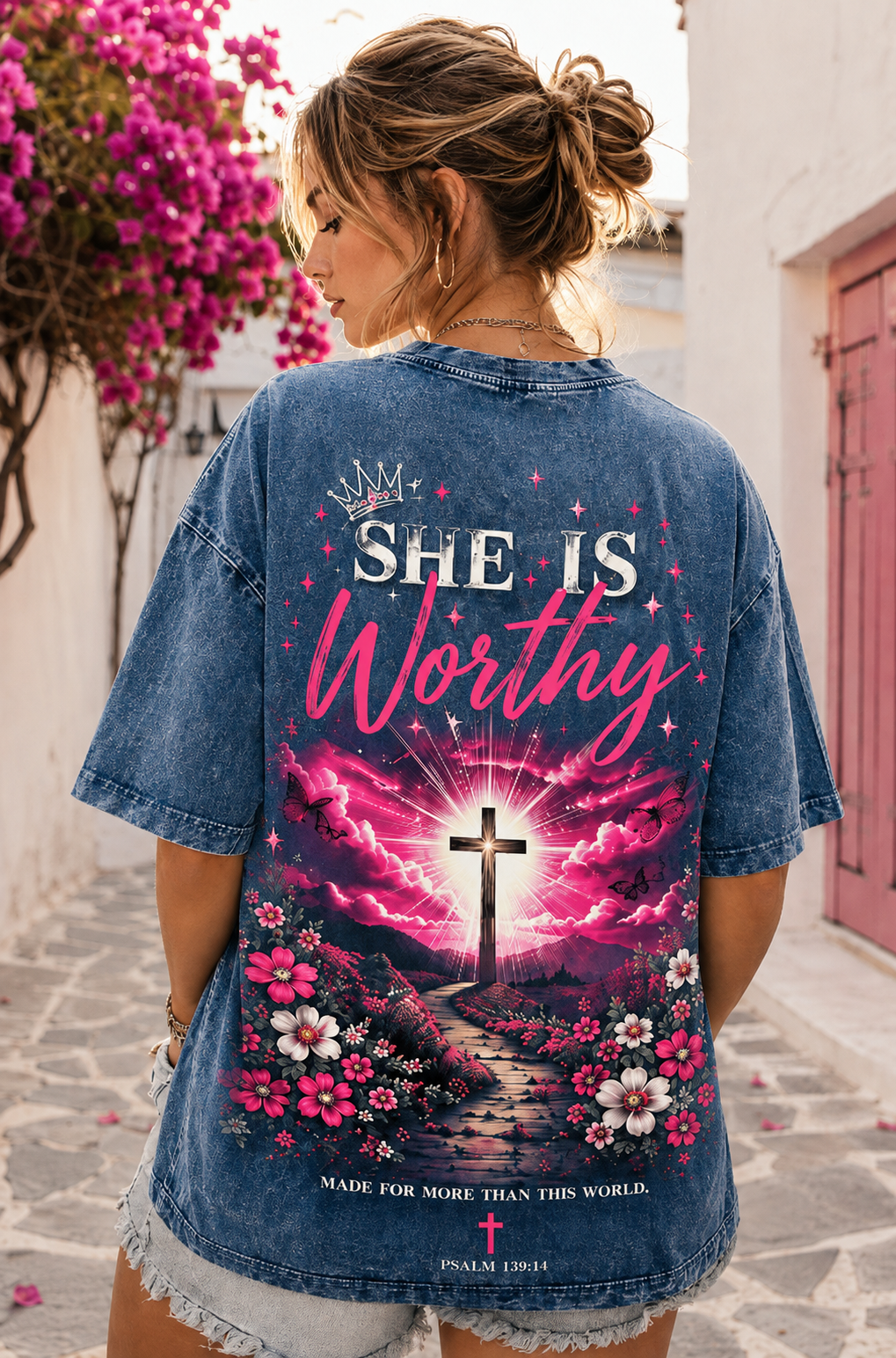 She Is Worthy Christian Graphic Washed Black Oversized T-Shirt