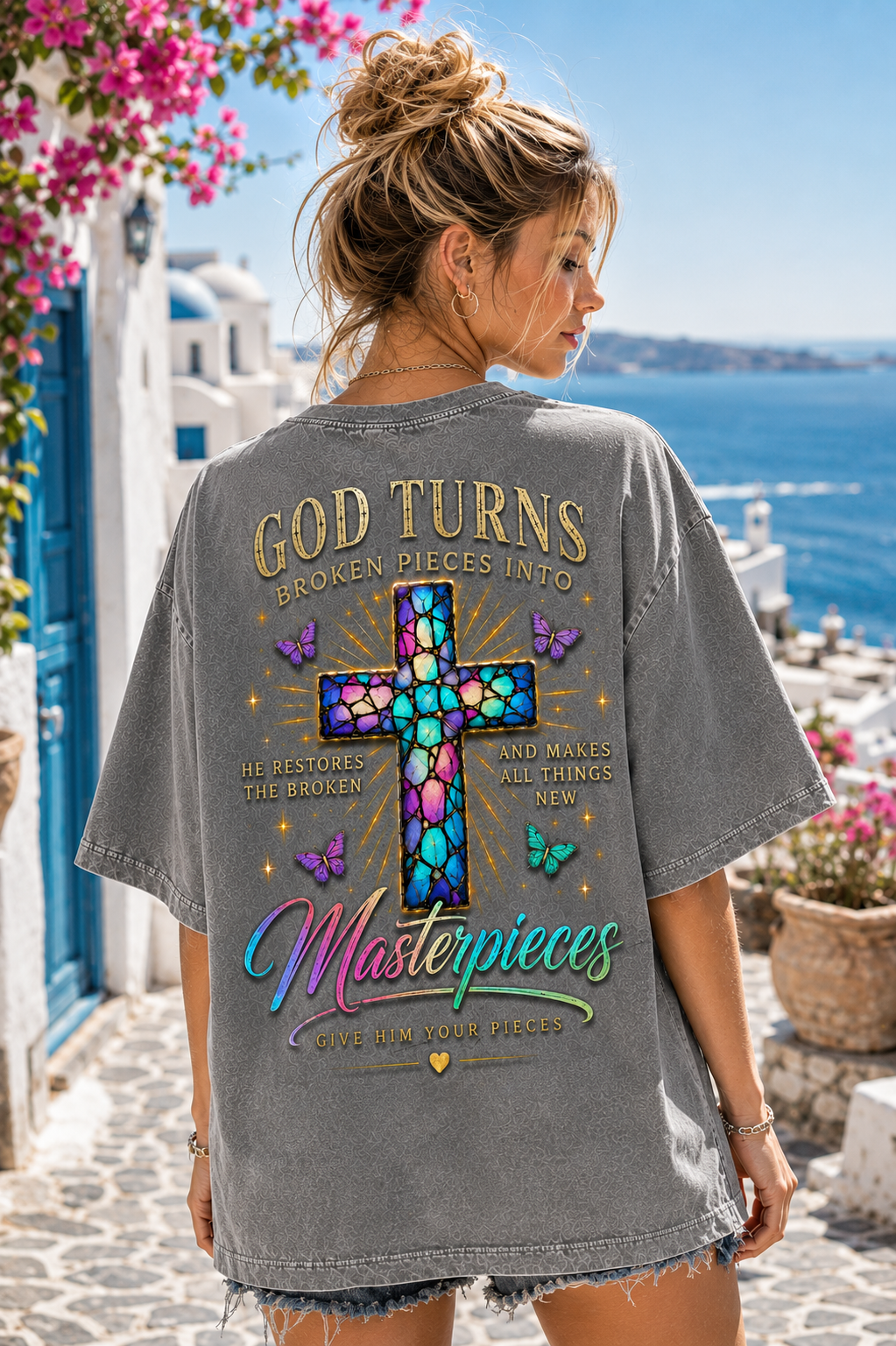 God Turns Broken Pieces Into Masterpieces – Christian Cross T-Shirt