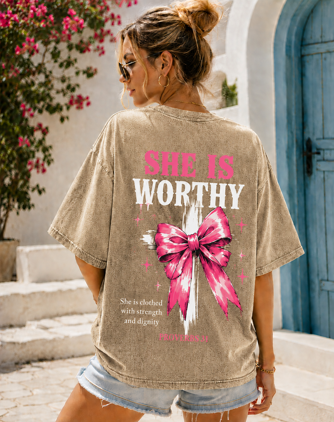 She Is Worthy – Vintage Washed Oversized Tee | Proverbs 31