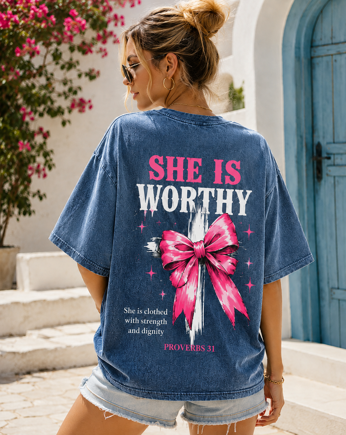 She Is Worthy – Vintage Washed Oversized Tee | Proverbs 31
