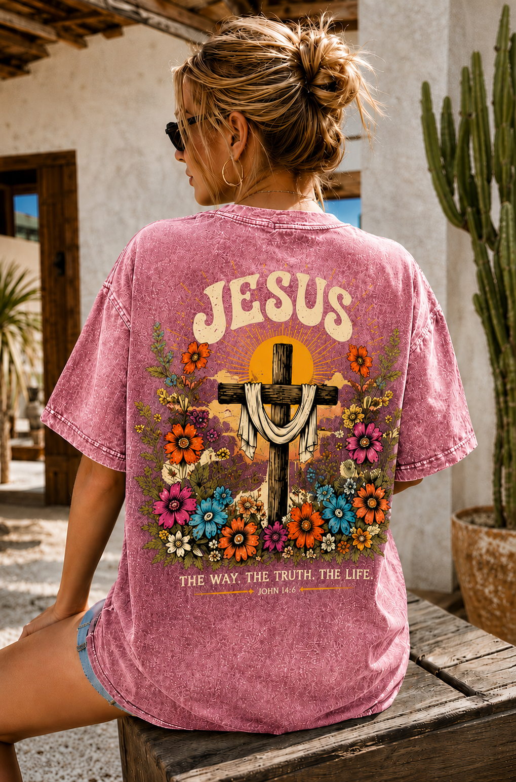 Jesus Cross Vintage Tee – Washed Black Floral Graphic