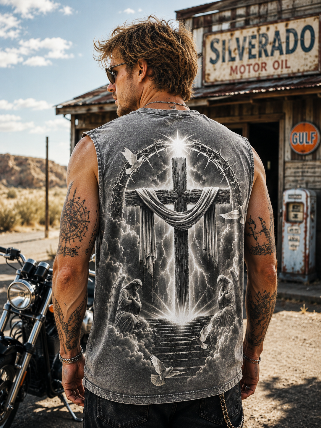 Washed Black Angel Cross – Vintage Faith Muscle Tee