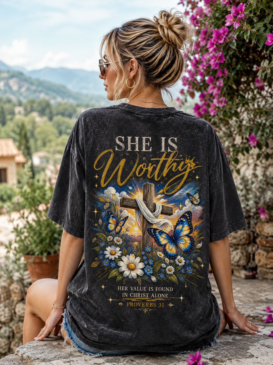 She Is Worthy Christian T-Shirt – Vintage Cross & Butterfly Graphic Tee