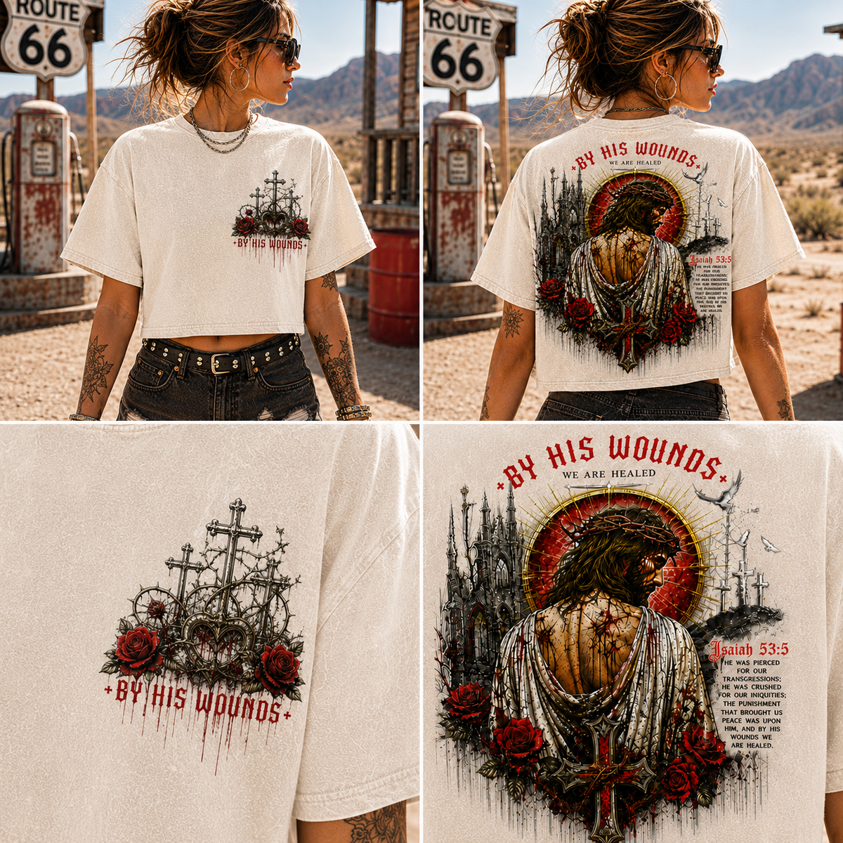 By His Wounds Gothic Cross Crop Tee – Vintage Christian Style
