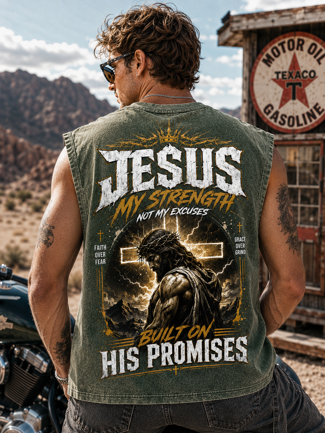 Jesus My Strength – Vintage Washed Black Muscle Tee