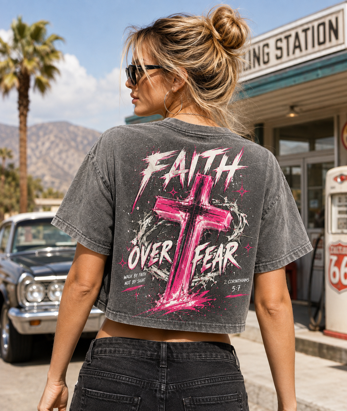 Faith Over Fear Cross Crop Top – Vintage Wash Graphic Tee