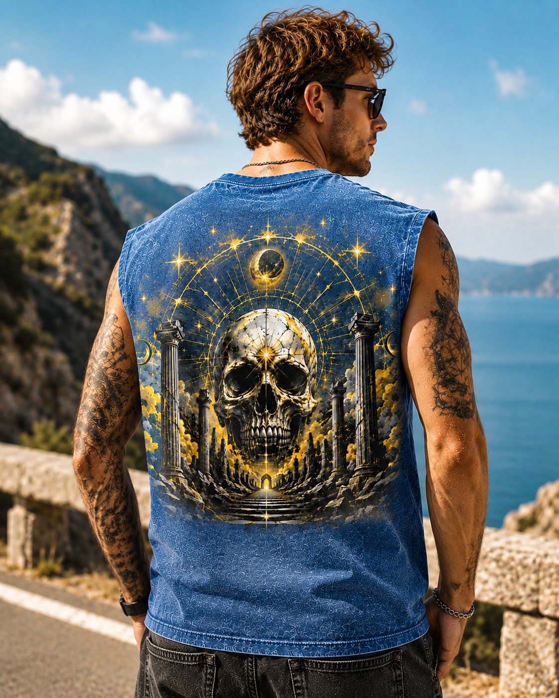 Celestial Skull Washed Black Tank Top