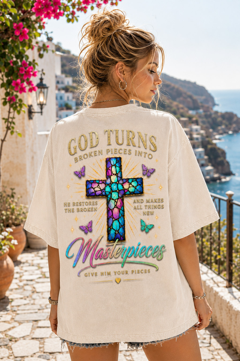 God Turns Broken Pieces Into Masterpieces – Christian Cross T-Shirt