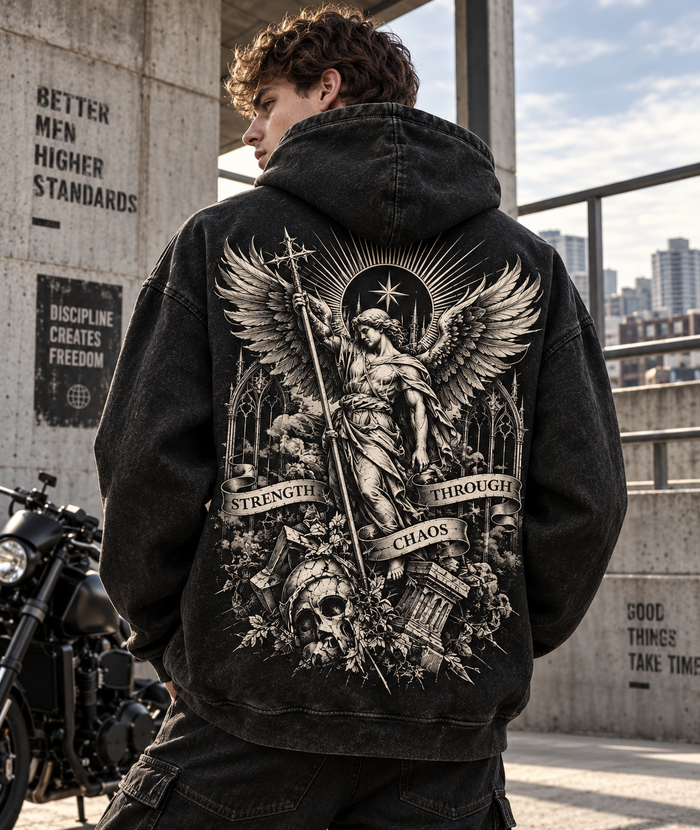 Strength Through Chaos – Vintage Gothic Angel Hoodie
