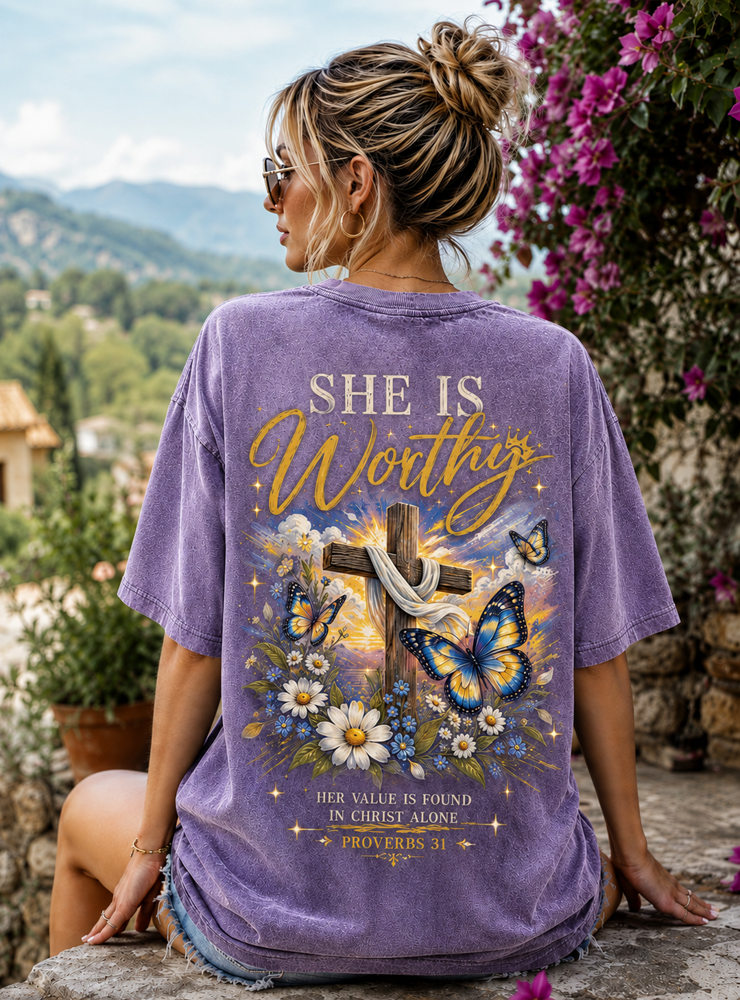 She Is Worthy Christian T-Shirt – Vintage Cross & Butterfly Graphic Tee