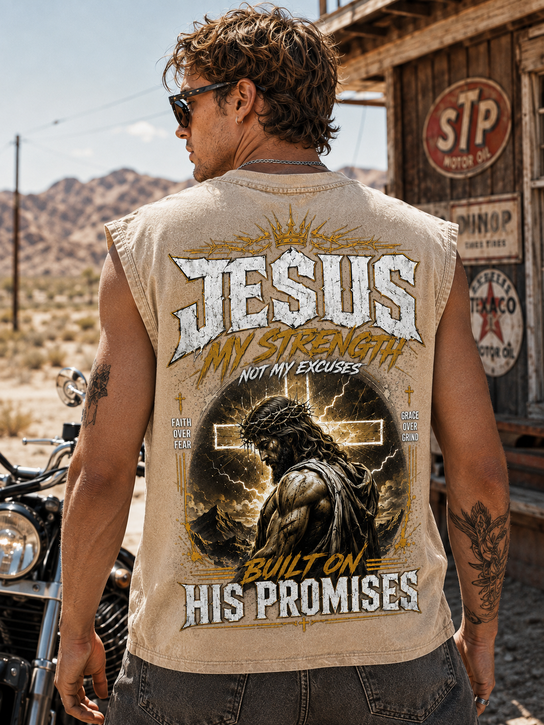 Jesus My Strength – Vintage Washed Black Muscle Tee