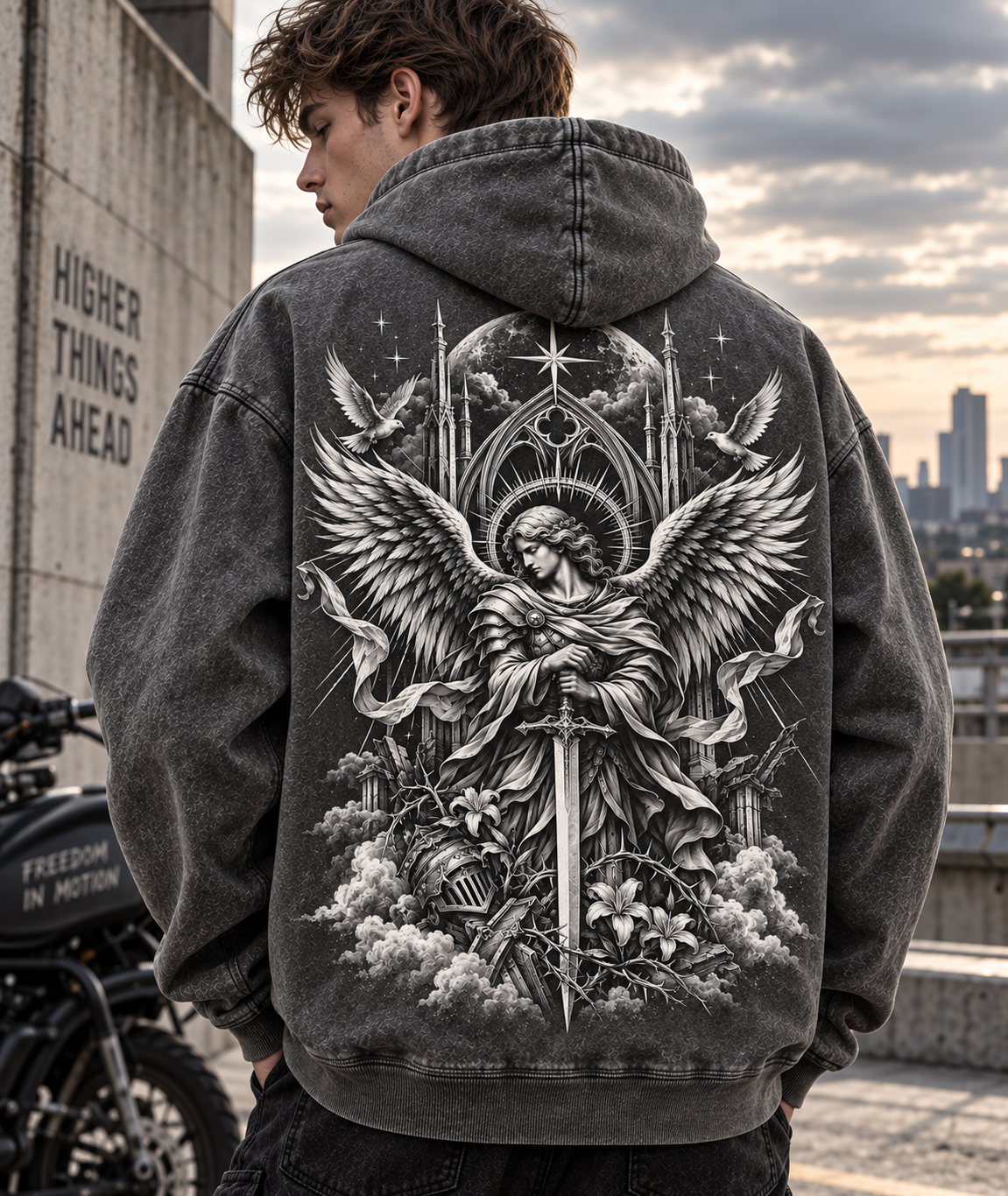 Angelic Guardian Vintage Hoodie – Gothic Wings & Sword