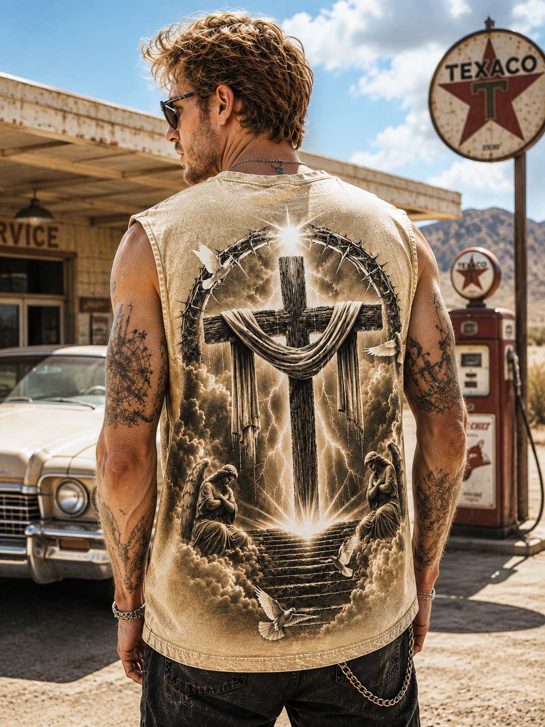 Washed Black Angel Cross – Vintage Faith Muscle Tee