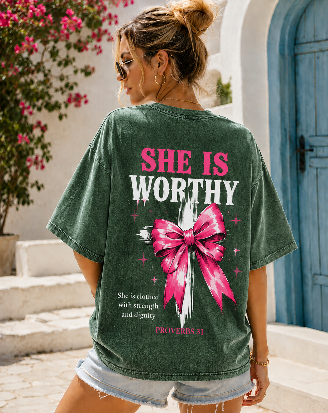 She Is Worthy – Vintage Washed Oversized Tee | Proverbs 31