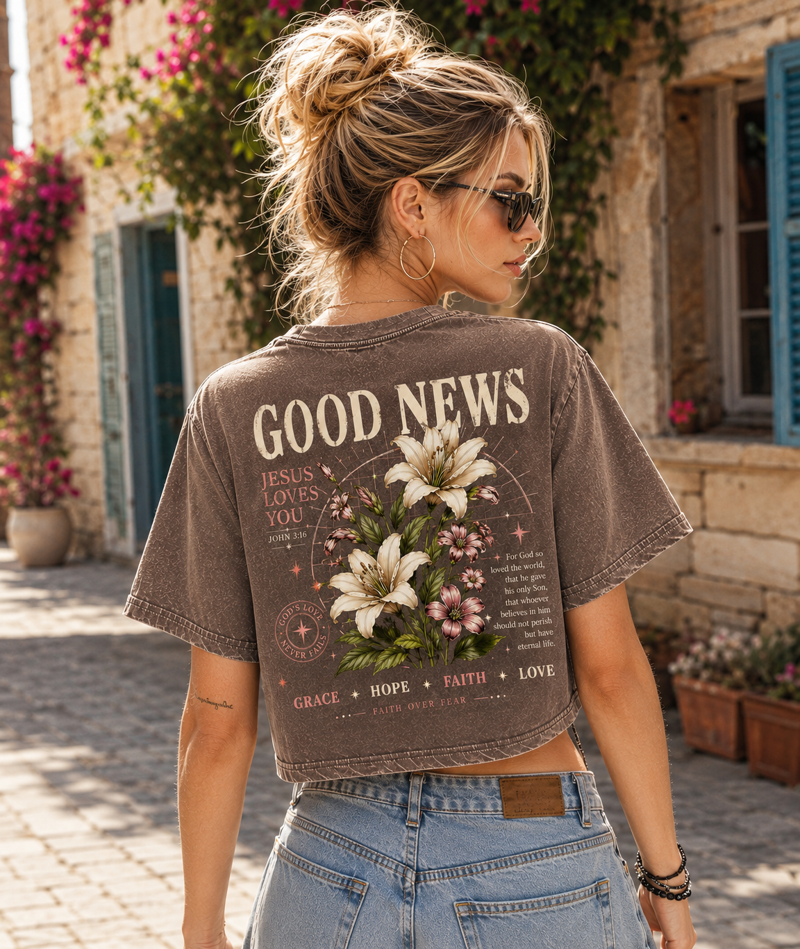 Good News Faith Floral Crop Top – Vintage Christian Tee