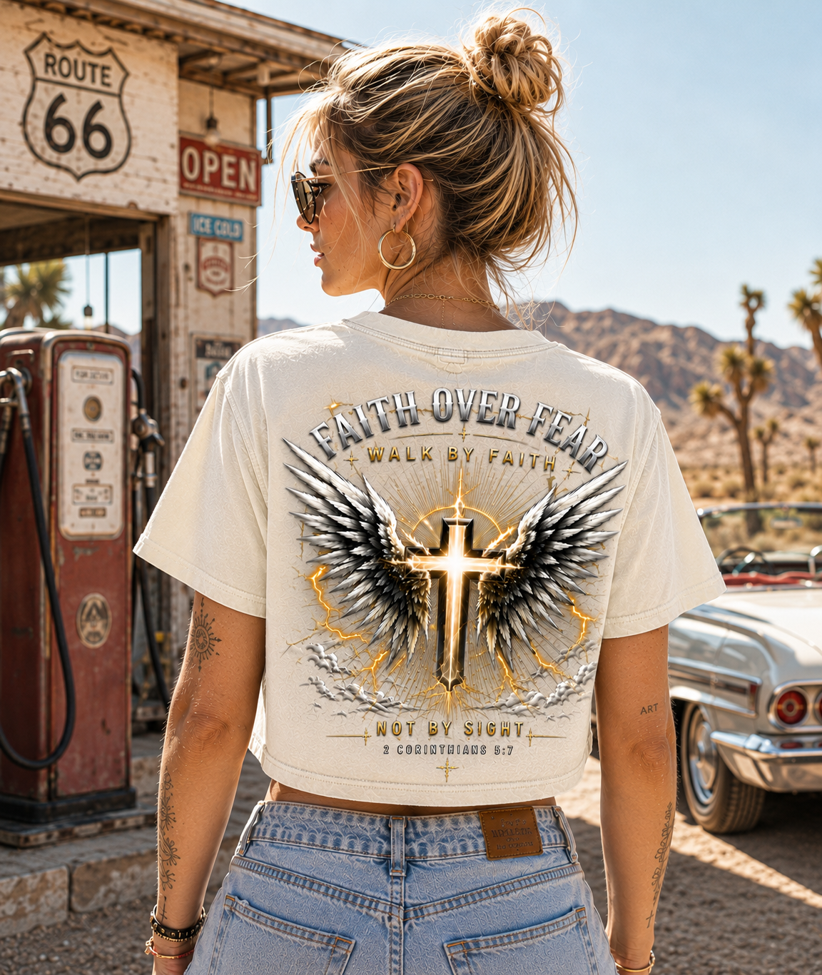 Faith Over Fear – Winged Cross Vintage Crop Tee
