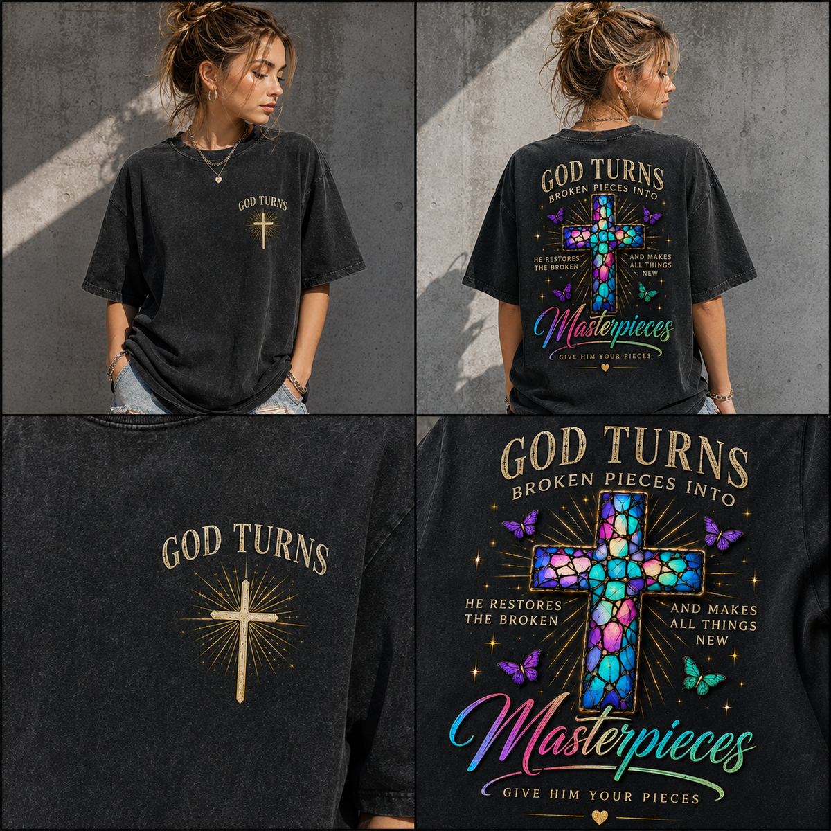 God Turns Broken Pieces Into Masterpieces – Christian Cross T-Shirt