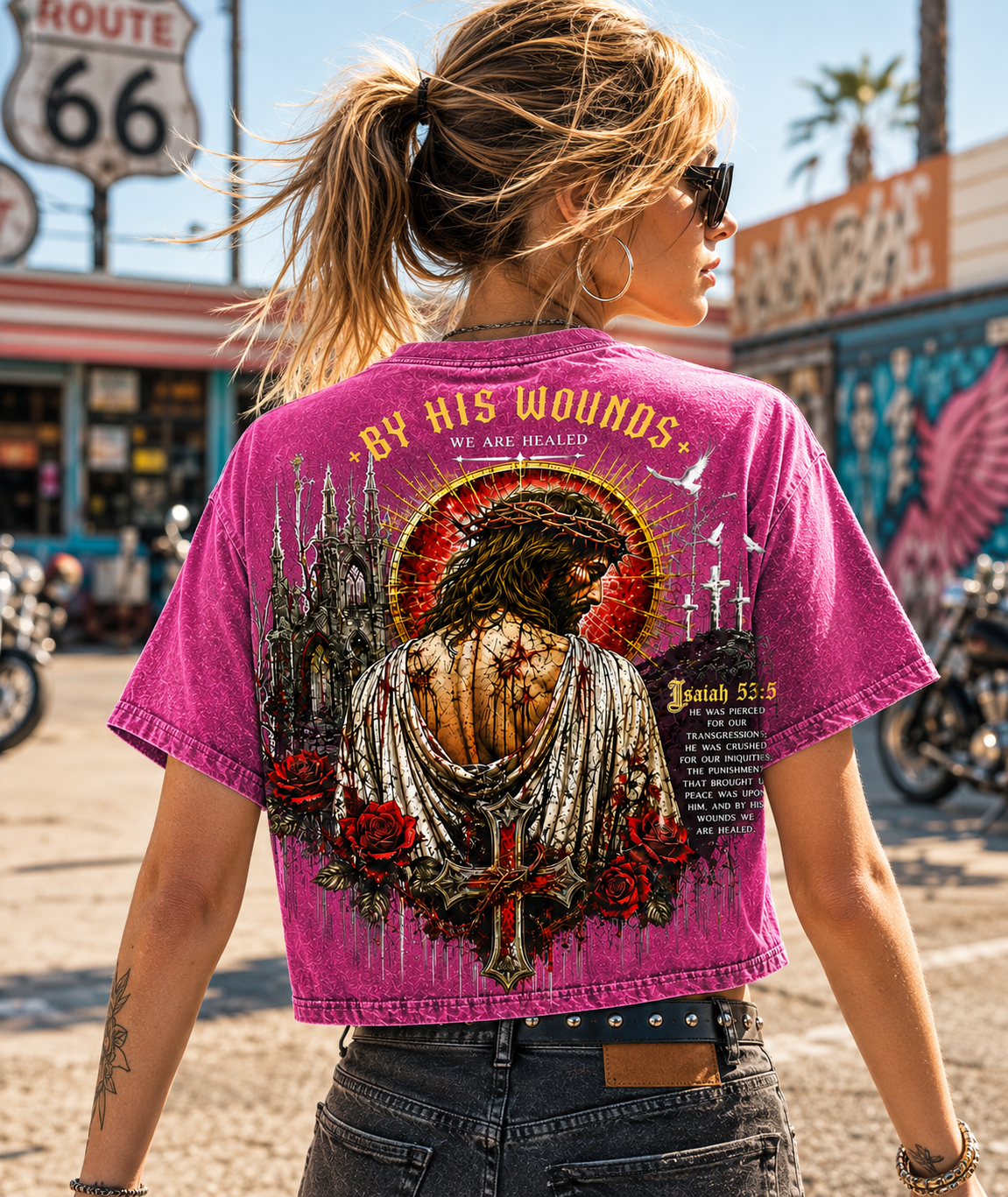 By His Wounds Gothic Cross Crop Tee – Vintage Christian Style