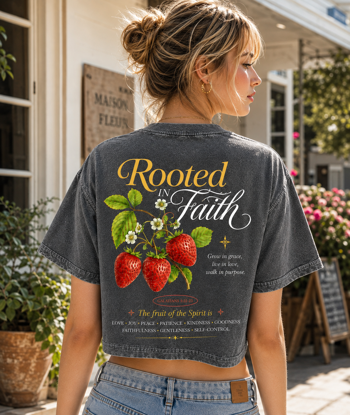 Rooted in Faith Strawberry Crop Top – Vintage Christian Tee