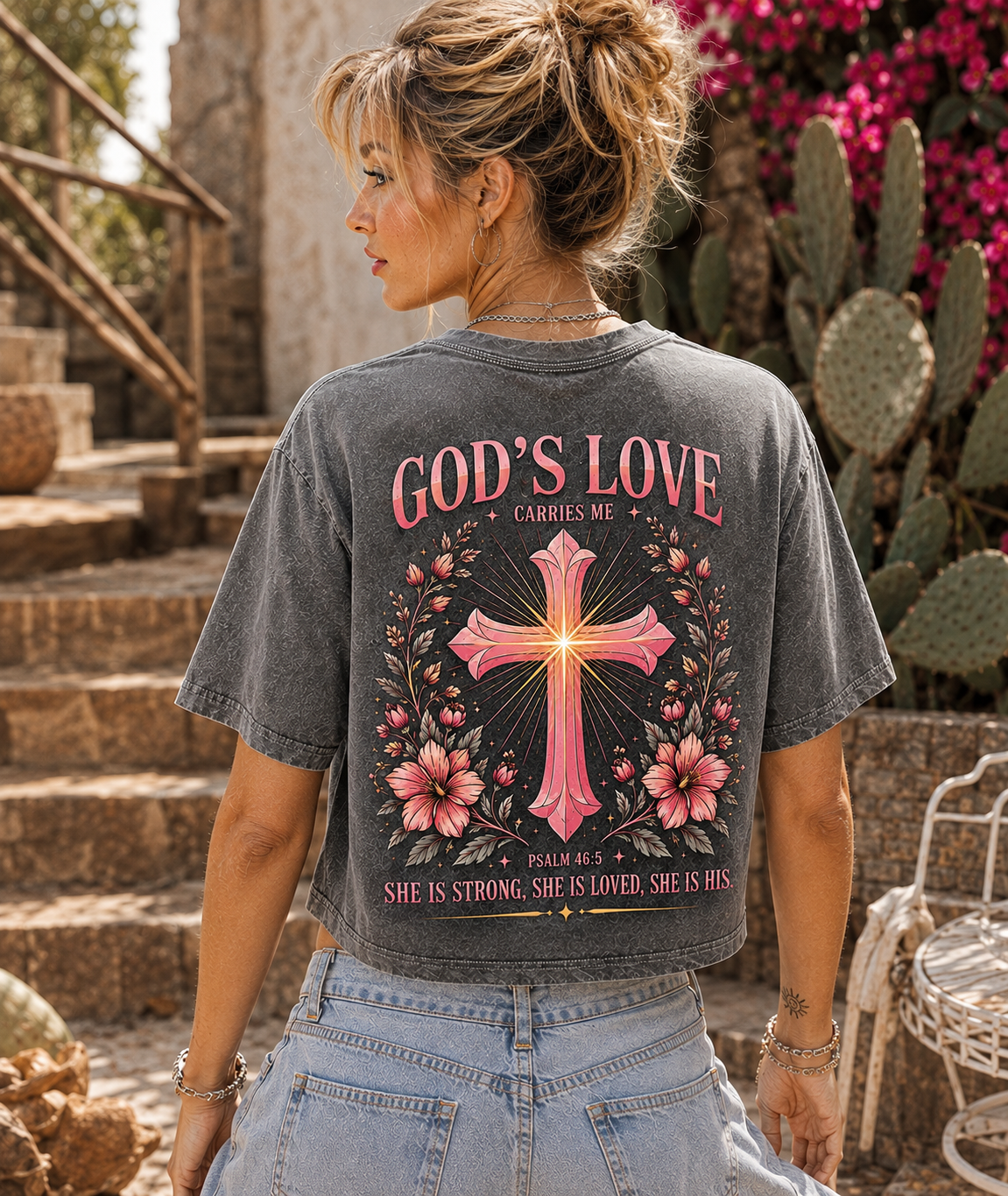 God’s Love Vintage Cross Crop Top – Women’s Faith Tee