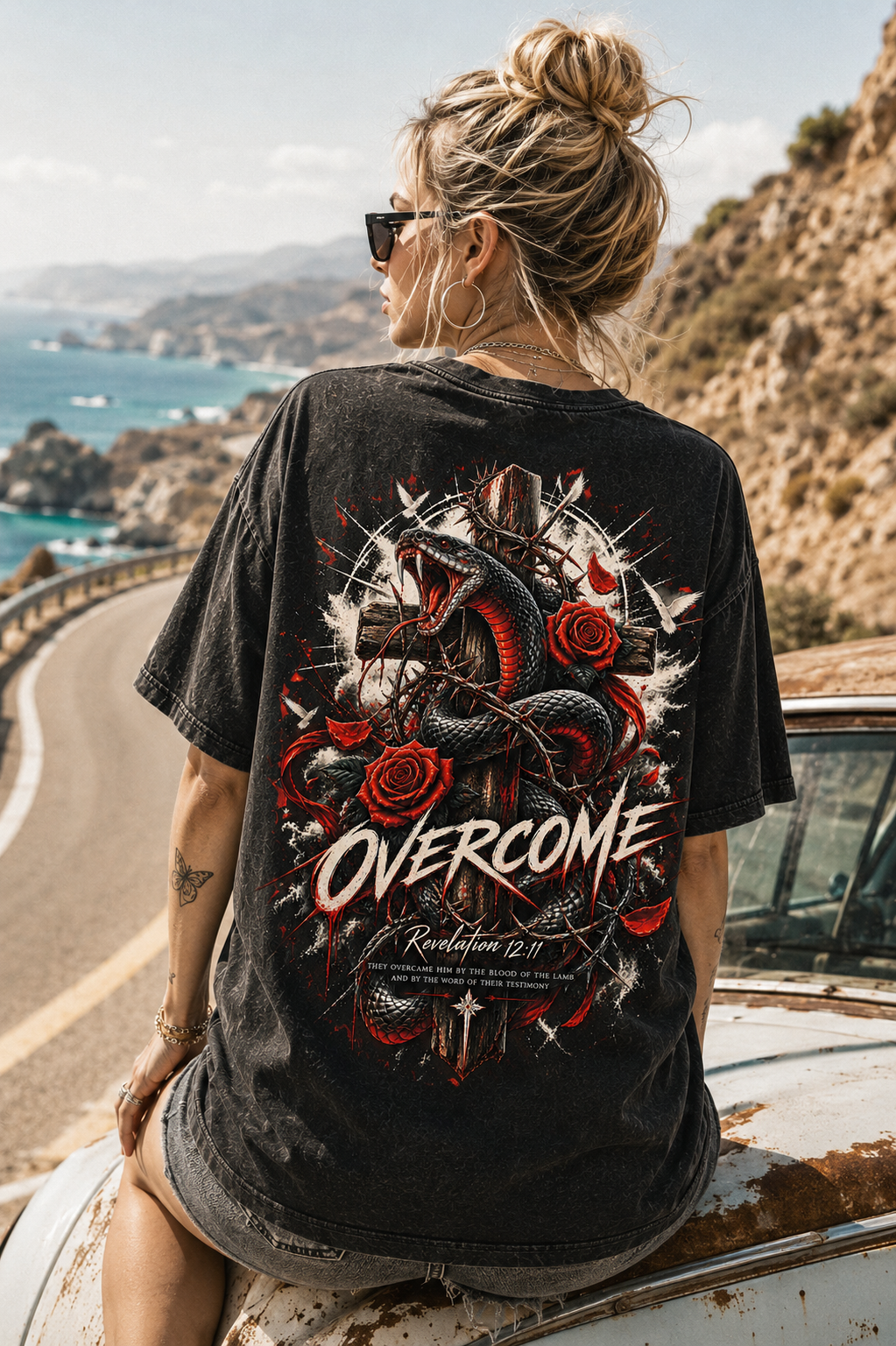 OVERCOME Snake Cross Graphic Tee – Vintage Washed T-Shirt