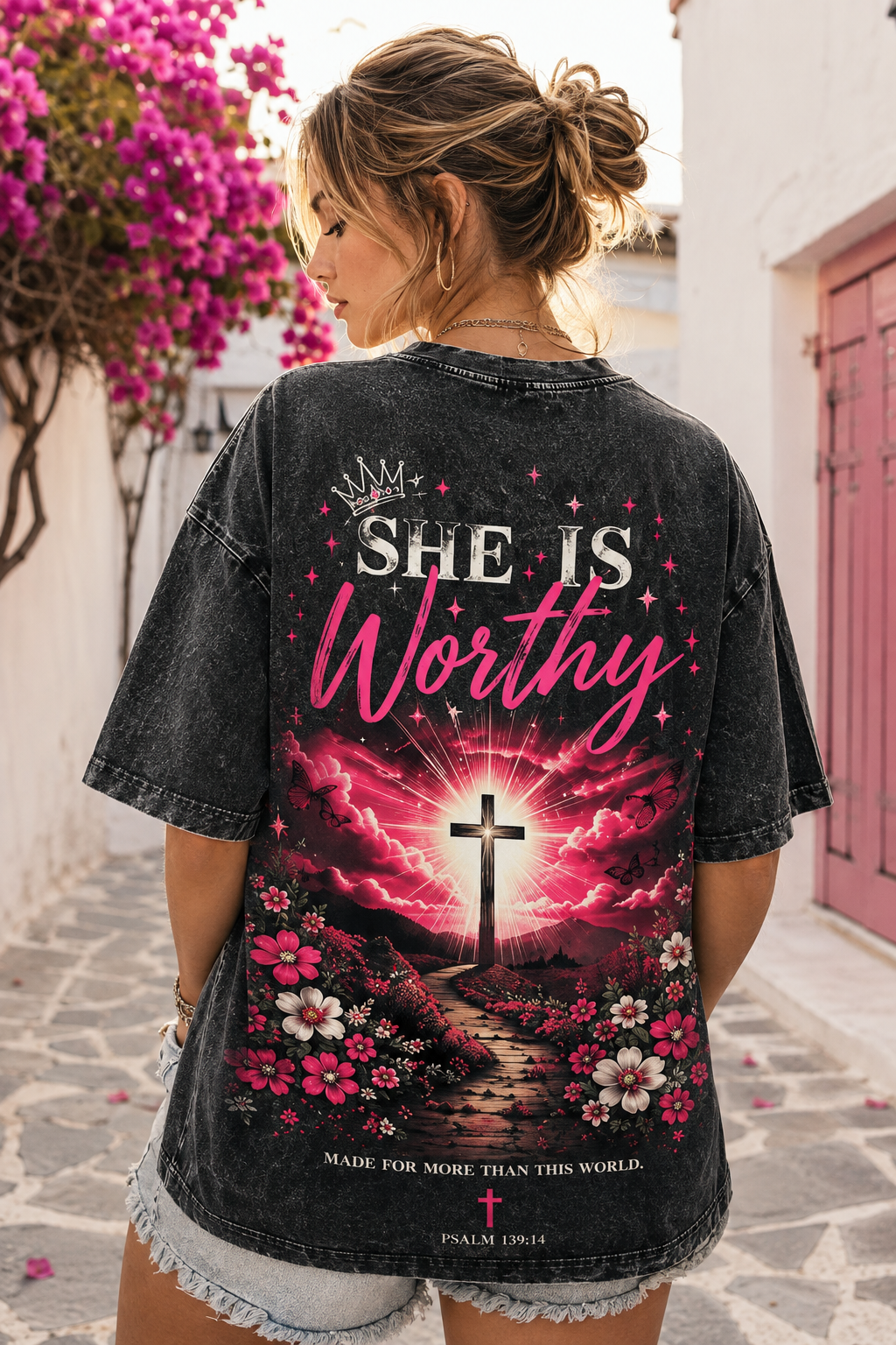 She Is Worthy Christian Graphic Washed Black Oversized T-Shirt
