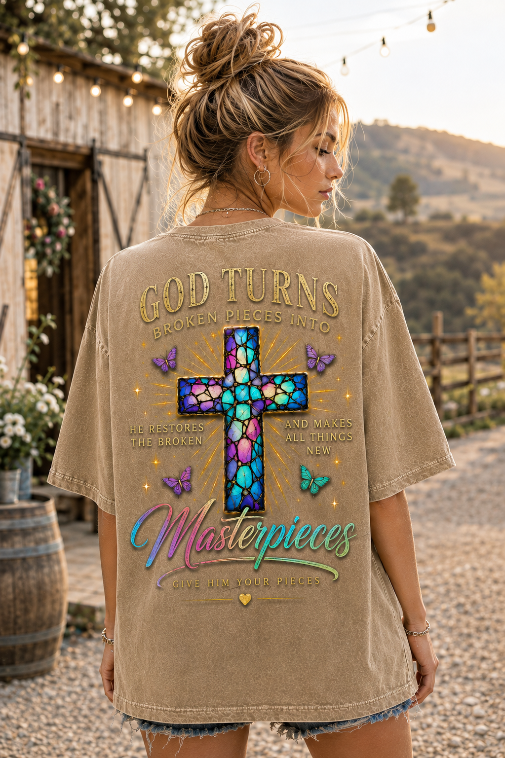 God Turns Broken Pieces Into Masterpieces – Christian Cross T-Shirt